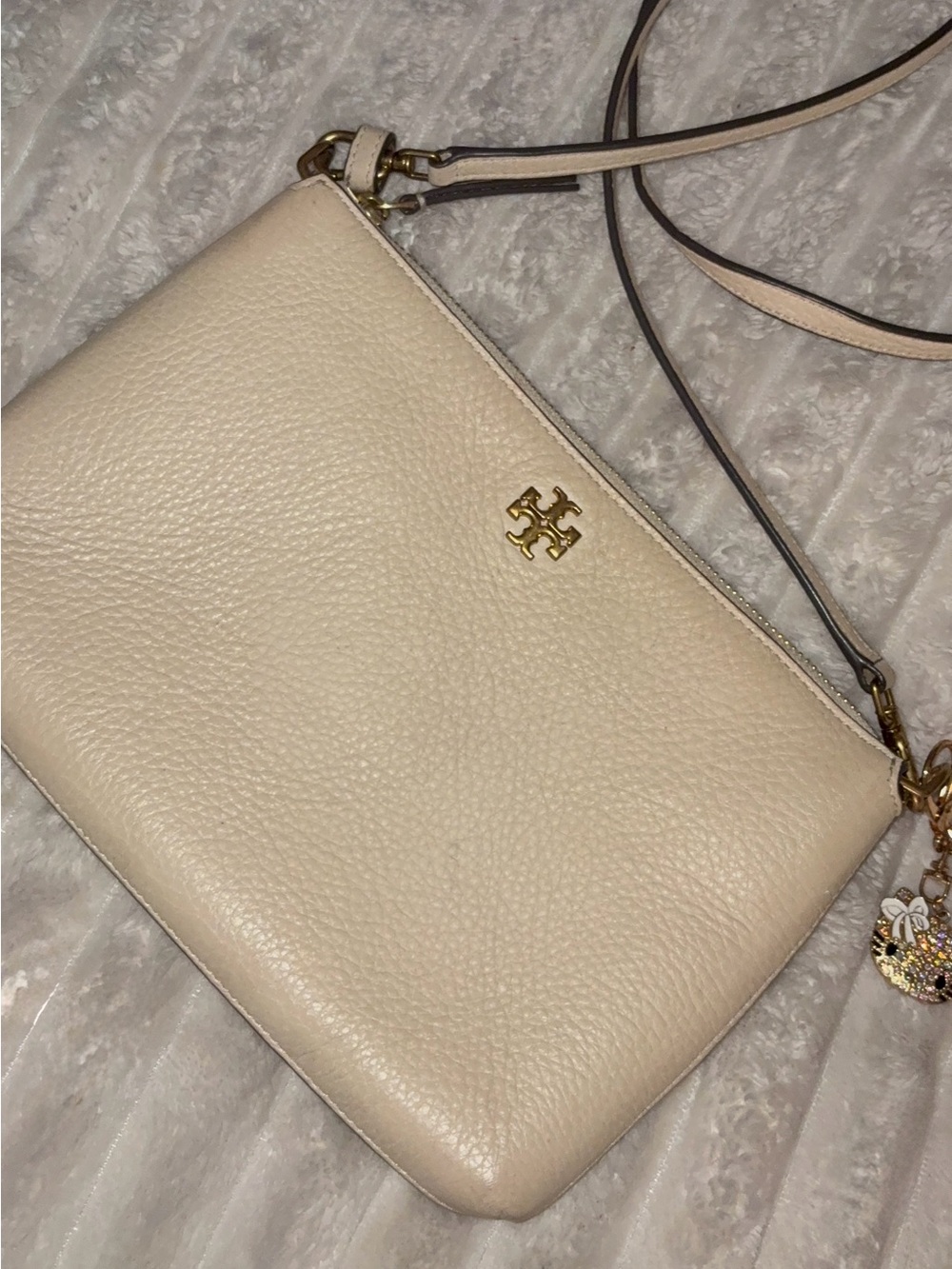 Tory Burch Ivory Pebbled Leather Crossbody with Gold Logo